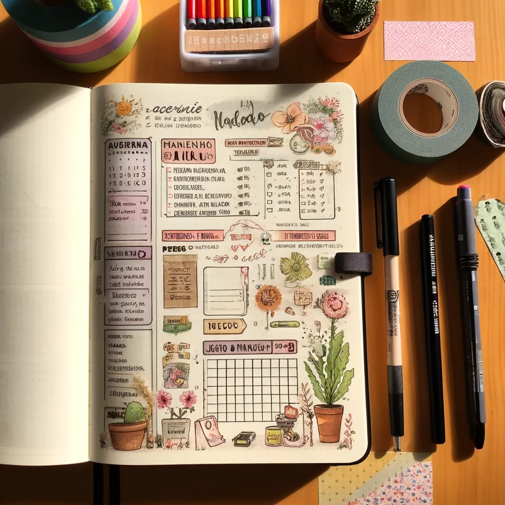 Exemplo de um Bullet Journal, mostrando um layout semanal,