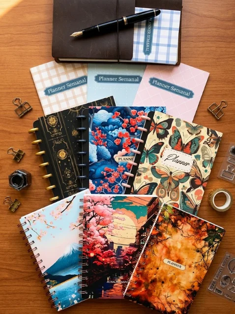 Composição de papelaria Achala Journal sobre mesa de madeira. No topo, uma capa de couro com caneta-tinteiro. Abaixo, brochuras xadrez e diversos cadernos (com discos e espirais) exibindo capas ilustradas com temas esotéricos, flores azuis, borboletas e paisagens japonesas. Clipes dourados e um tinteiro estão espalhados ao redor.