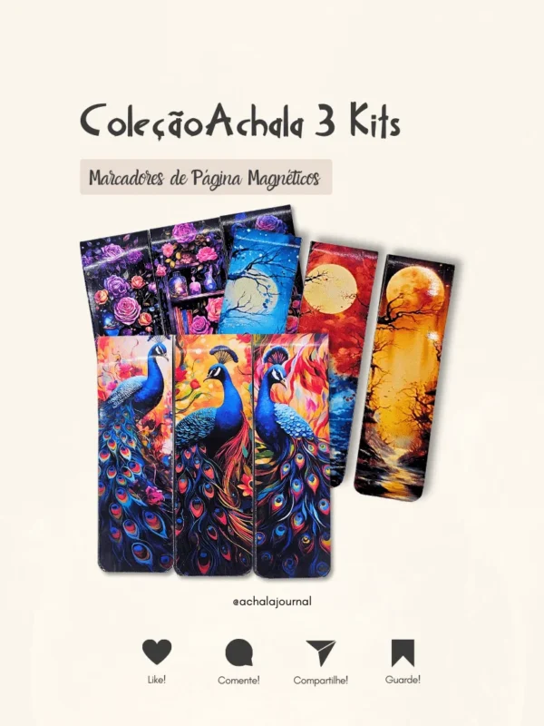 Coleção Achala Journal com 3 kits de marcadores de páginas magnéticos de estampas exclusivas.