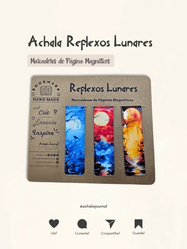 Conjunto Achala com 3 Marcadores de Páginas Magnéticos Reflexos Lunares inspirados nas fases da lua.