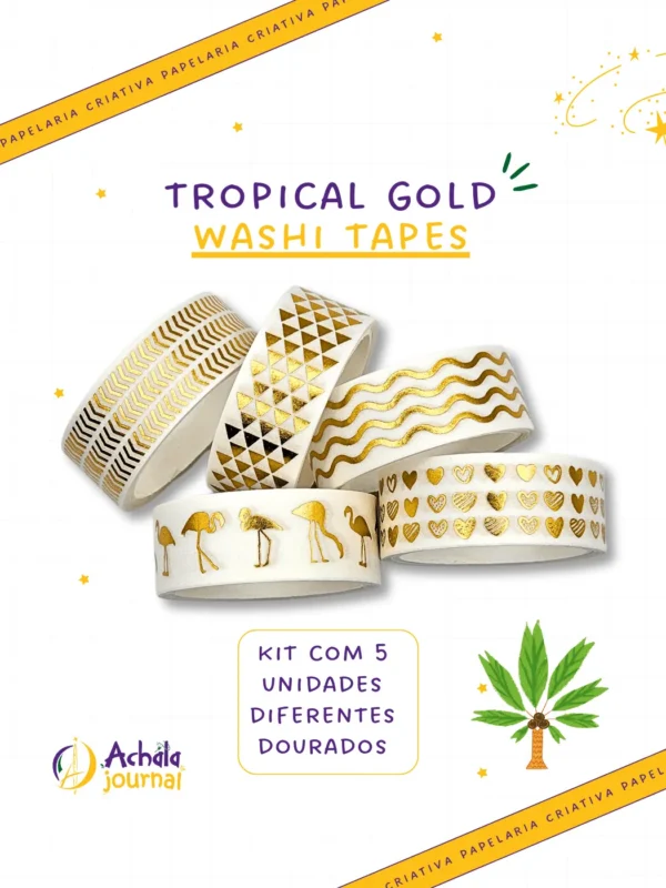 Washi Tapes Tropical Gold - Kit Dourados 5 unid