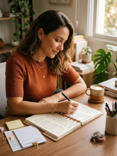 Mulher organizando o dia em seu planner de discos premium da Achala Journal em uma mesa de escritório doméstico aconchegante e bem iluminada. Planner de discos, canetas e acessórios para organização diária.
