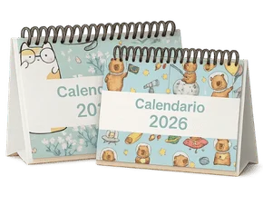 Calendários de mesa artesanais Achala 2026 - design autoral brasileiro, capivara e gatos astronautas