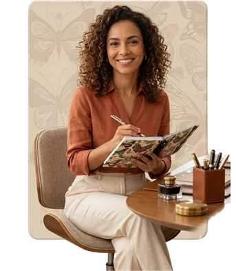 Uma foto de estúdio de uma mulher com cabelos cacheados e um sorriso caloroso, sentada a uma mesa de madeira curva. Ela segura uma caneta dourada e escreve em um planner Achala Journal com uma vibrante capa de borboletas coloridas. O cenário inclui um porta-canetas de couro com canetas e um tinteiro de vidro.