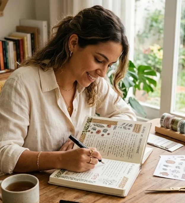 Fotografia de uma mulher sorridente escrevendo em um diário decorado sobre uma mesa de madeira. A mesa contém diversos itens de papelaria, como fitas washi, adesivos e canetas, além de uma xícara. O ambiente é iluminado por luz natural vinda de uma grande janela com vista para um jardim.