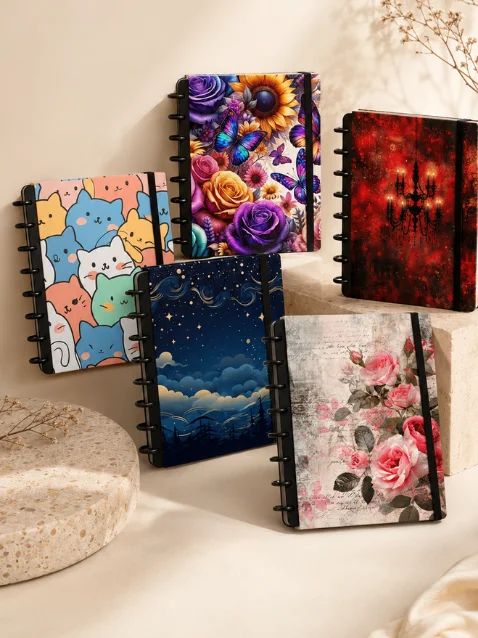Cadernos modulares inteligentes Achala Journal com sistema de discos reposicionáveis, capas personalizadas e papel premium para planner, estudos, bullet journal e organização.