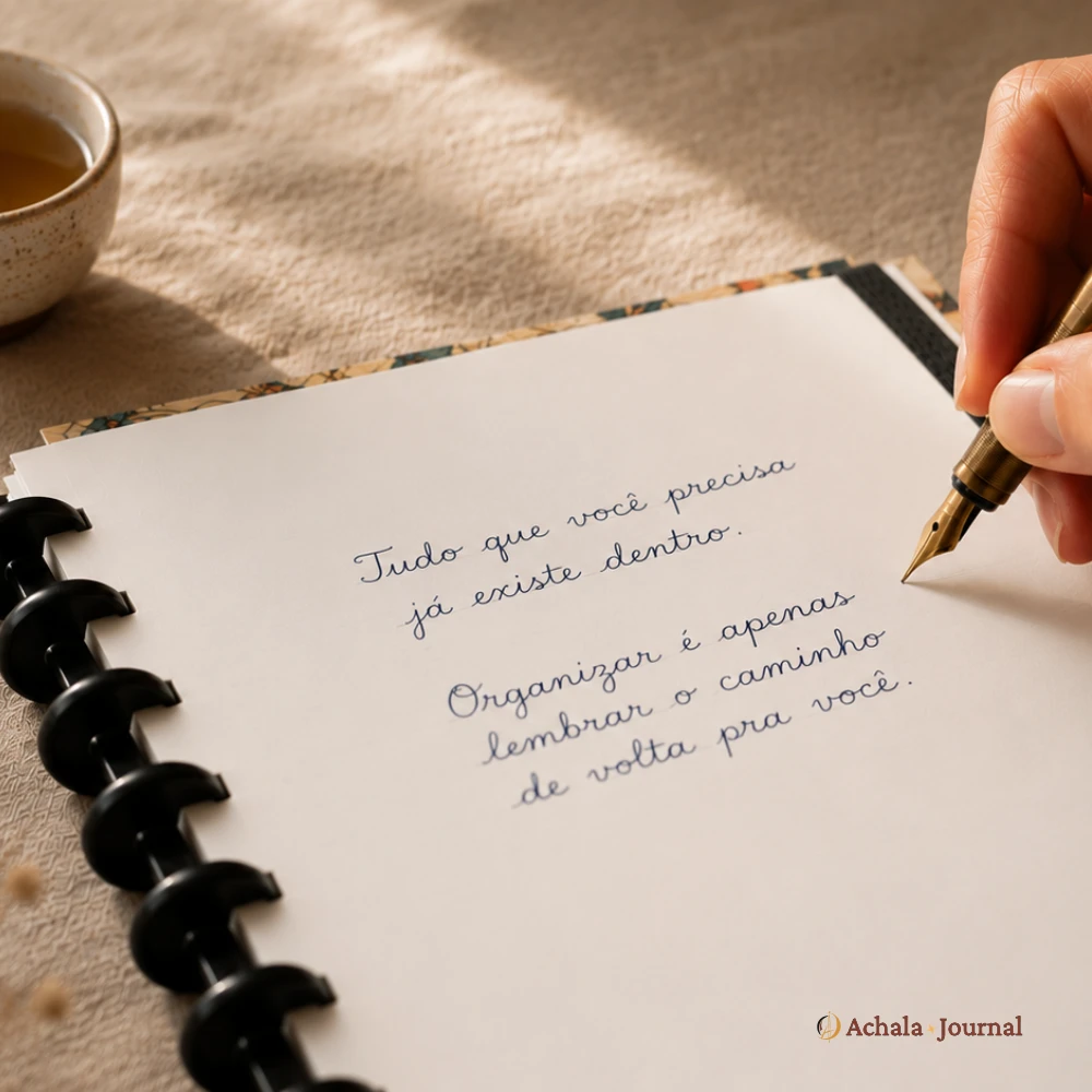 Detalhe em plano fechado de mão segurando caneta tinteiro escrevendo em caderno de discos da Achala Journal para prática de journaling.