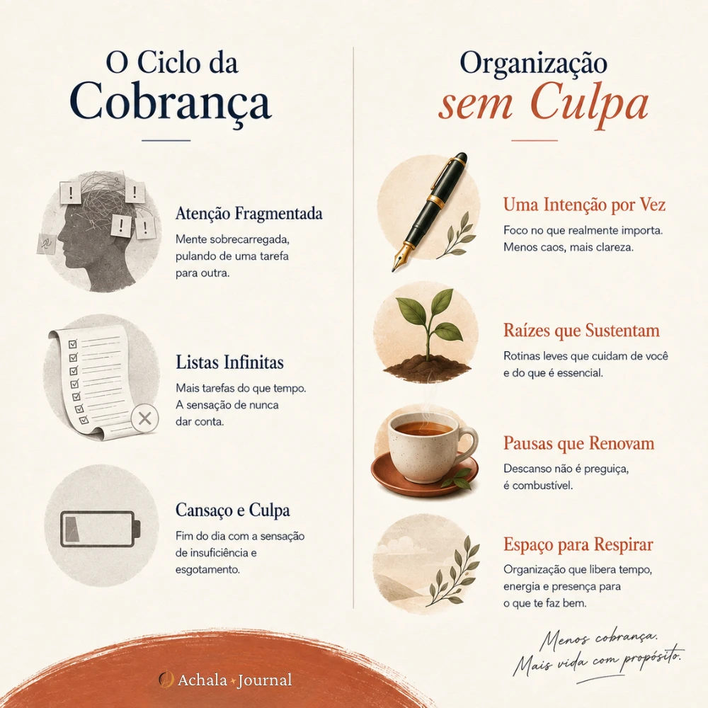 Infográfico comparativo da Achala Journal mostrando a diferença entre o ciclo da produtividade tóxica e a organização sem culpa com escrita intencional.