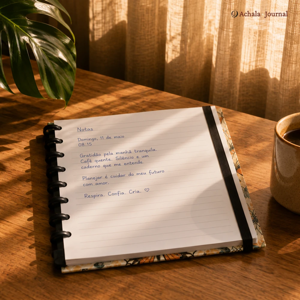 Visão superior de ritual noturno com caderno de discos e planner analógico da Achala Journal sobre mesa de madeira em ambiente aconchegante.