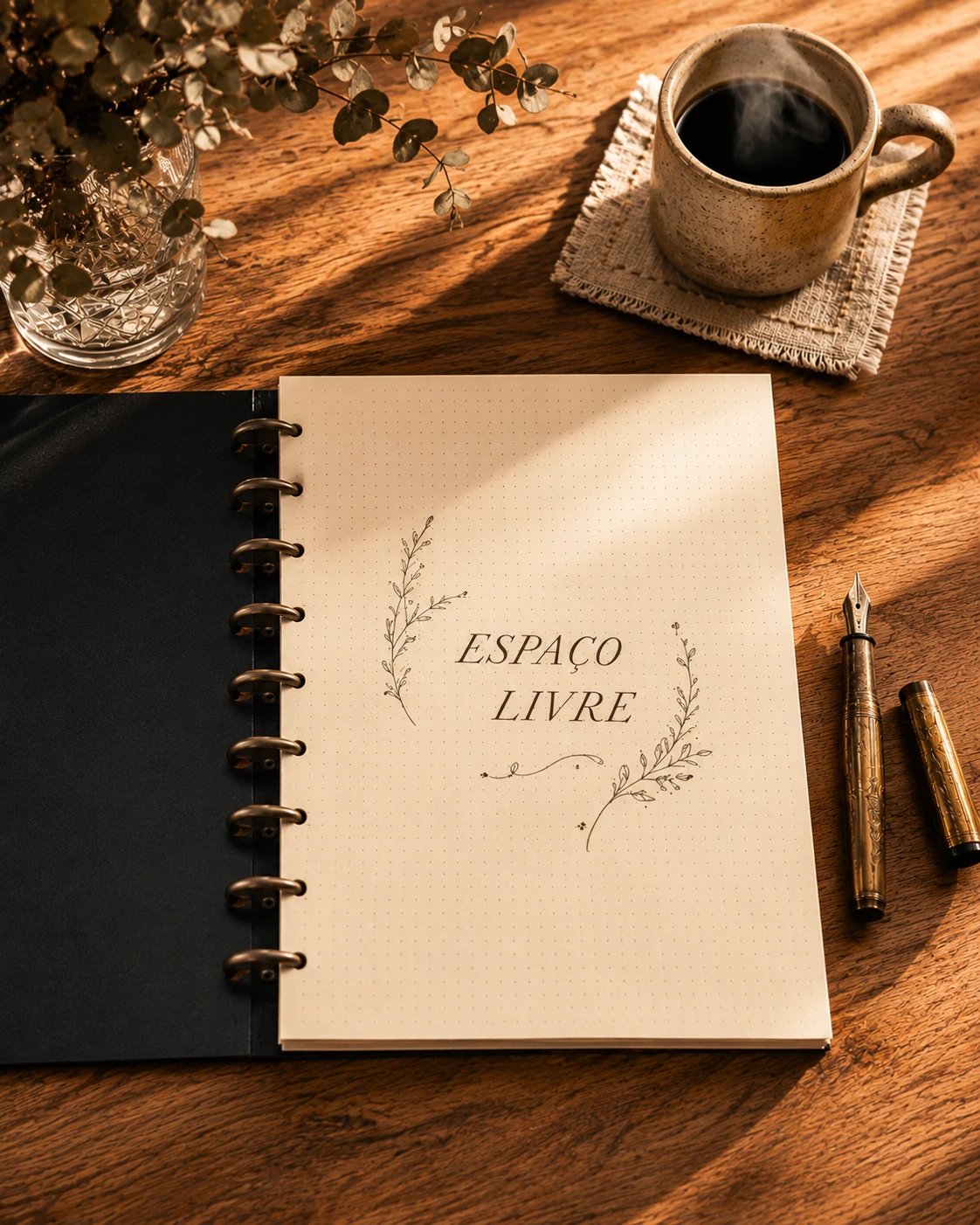 Caderno Achala Journal fechado sobre mesa de madeira rústica com xícara de café matinal e iluminação natural de estúdio