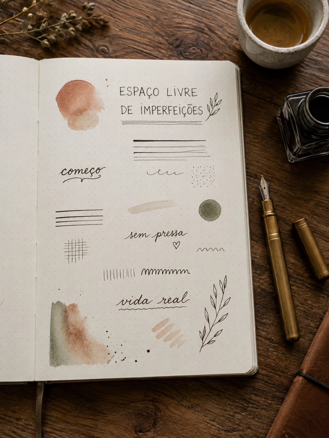 Página inicial do caderno com testes de tintas aquareladas manchas suaves e caligrafia espontânea
