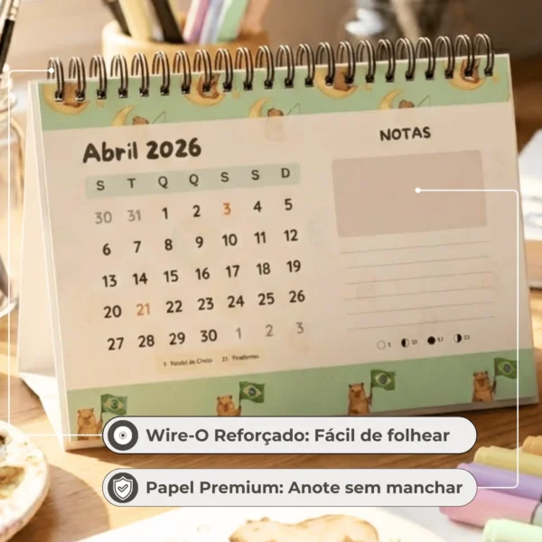 Planejador de mesa com espaço prático para anotações e metas mensais