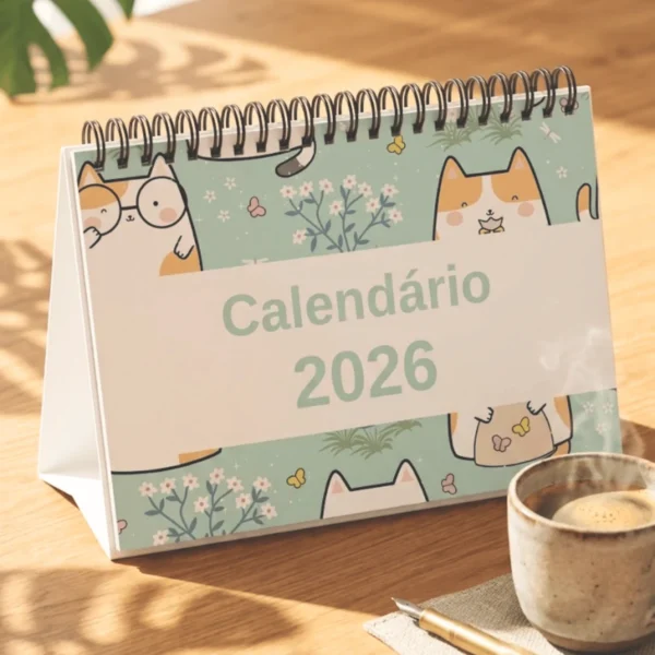 Capa do Planner de Mesa 2026 Coleção Felinos Kawaii Achala Journal