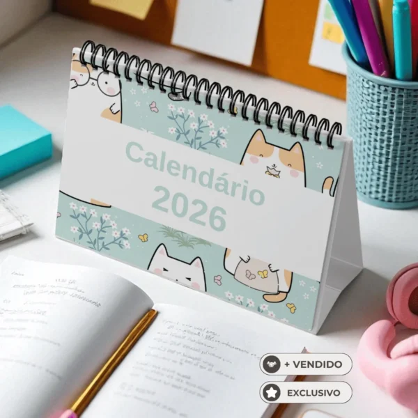 Páginas com ilustrações exclusivas de gatinhos e visão mensal