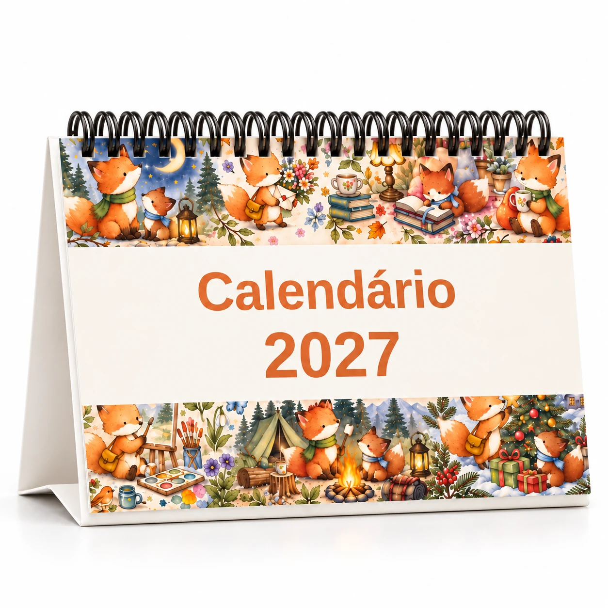Calendário de Mesa 2027 Raposinhas Fofas formato A5 horizontal com Wire-O preto e base triangular em fundo branco