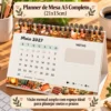 Visão ampla de organização do planner de mesa A5 horizontal 21x15cm em setup de trabalho moderno