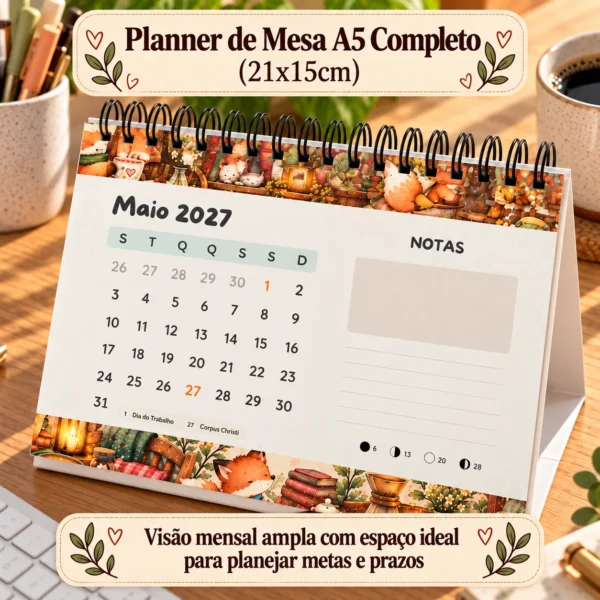 Visão ampla de organização do planner de mesa A5 horizontal 21x15cm em setup de trabalho moderno