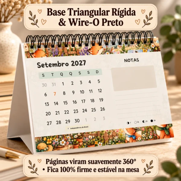 Estrutura do calendário com base triangular reforçada estável e espiral metálico Wire-O preto que vira 360 graus