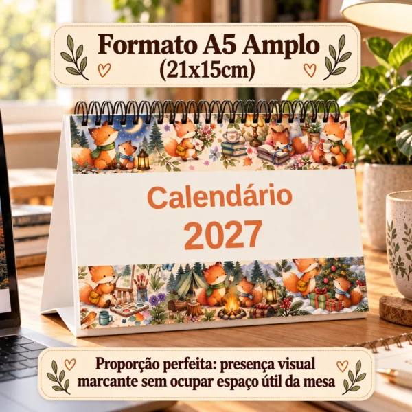 Proporção real do formato A5 21x15cm em mesa de home office com notebook e luminária