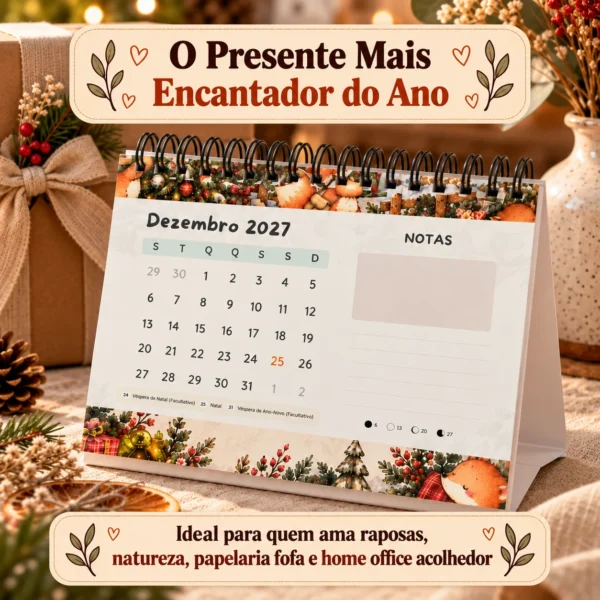 Calendário 2027 embalado como presente com papel kraft e laço de linho natural