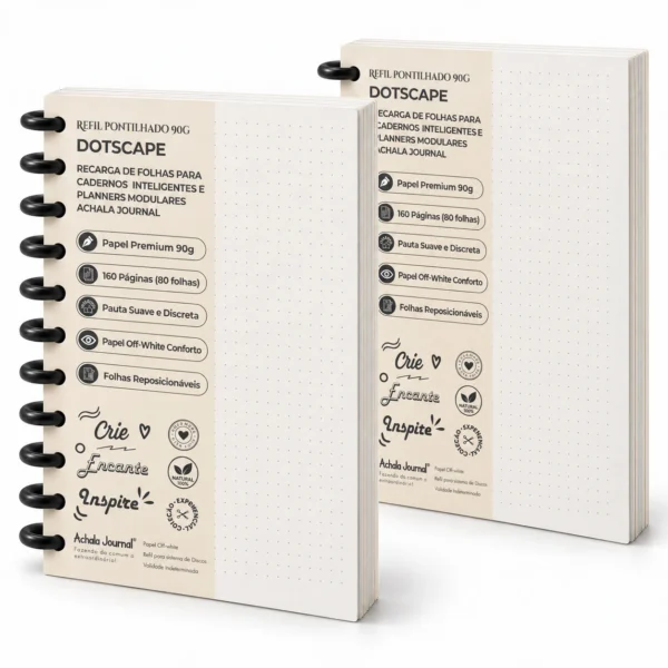 Kit Duo Refil Pontilhado 90g com 2 blocos e 320 páginas reposicionáveis para caderno inteligente e modular Achala Journal