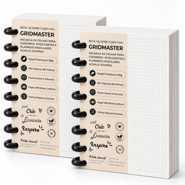 Kit Duo Refil Quadriculado 90g com 2 blocos e 320 páginas reposicionáveis para caderno inteligente e modular Achala Journal