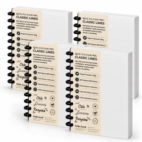 Kit Master Refil Pautado 90g com 4 blocos e 640 páginas reposicionáveis para caderno inteligente e modular Achala Journal