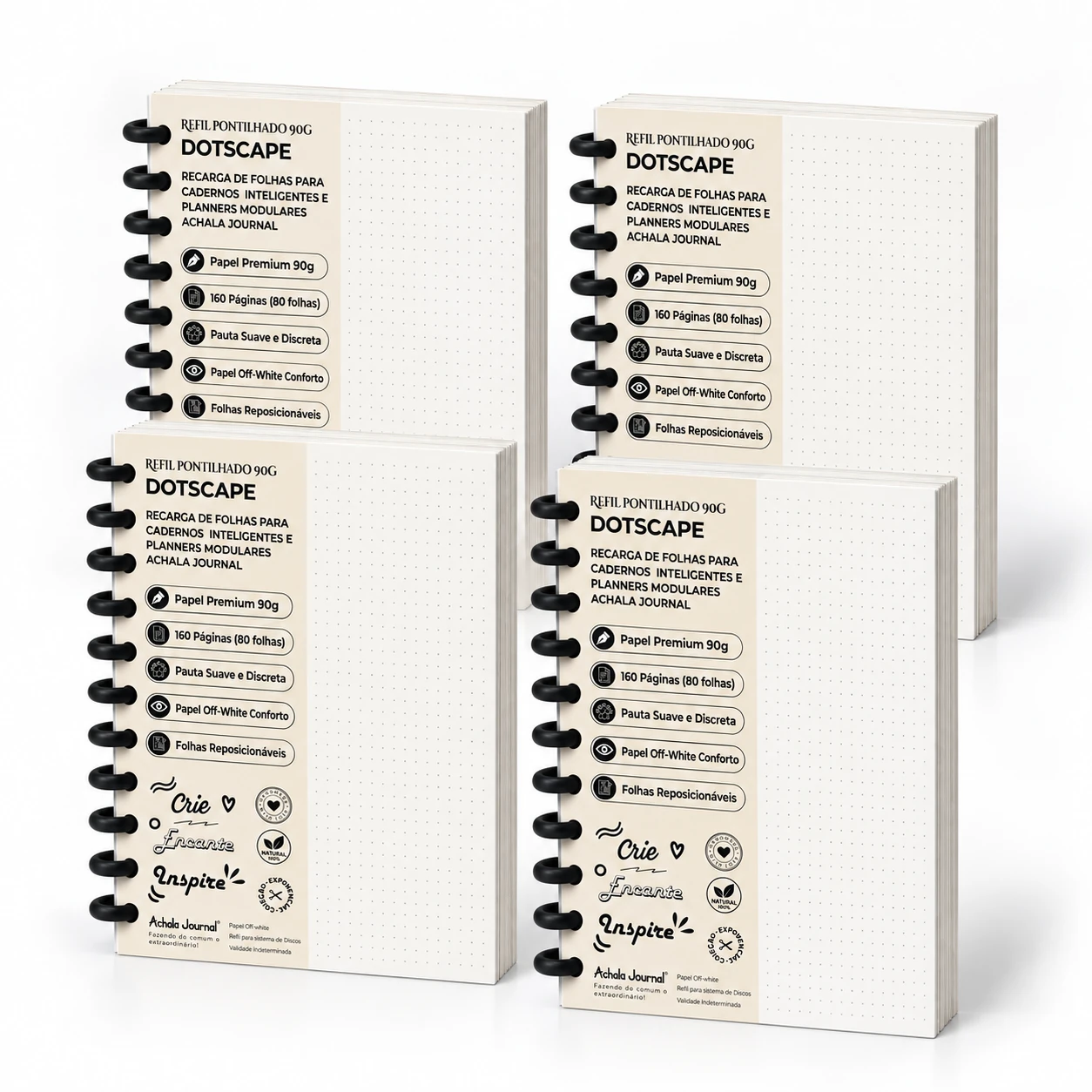 Kit Master Refil Pontilhado 90g com 4 blocos e 640 páginas reposicionáveis para caderno inteligente e modular Achala Journal