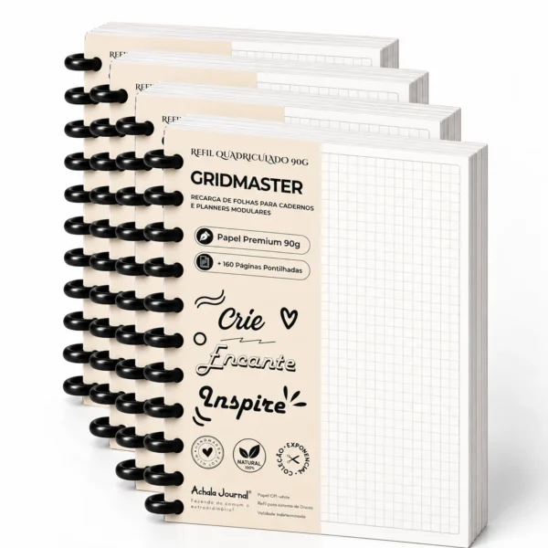 Kit Master Refil Quadriculado 90g com 4 blocos e 640 páginas reposicionáveis para caderno inteligente e modular Achala Journal