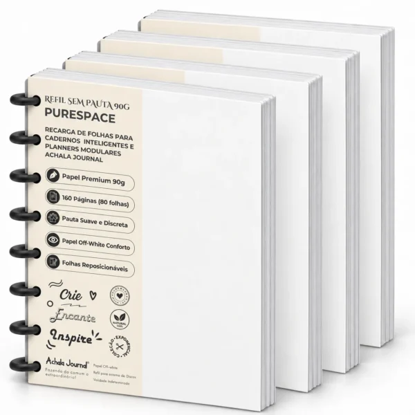 Kit Master Refil Sem Pauta 90g com 4 blocos e 640 páginas reposicionáveis para caderno inteligente e modular Achala Journal