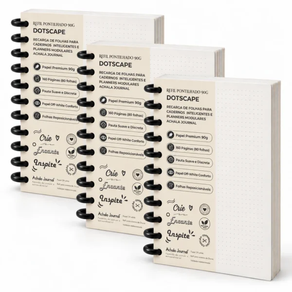 Kit Trio Refil Pontilhado 90g com 3 blocos e 480 páginas reposicionáveis para caderno inteligente e modular Achala Journal