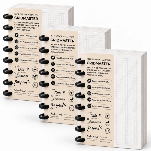 Kit Trio Refil Quadriculado 90g com 3 blocos e 480 páginas reposicionáveis para caderno inteligente e modular Achala Journal
