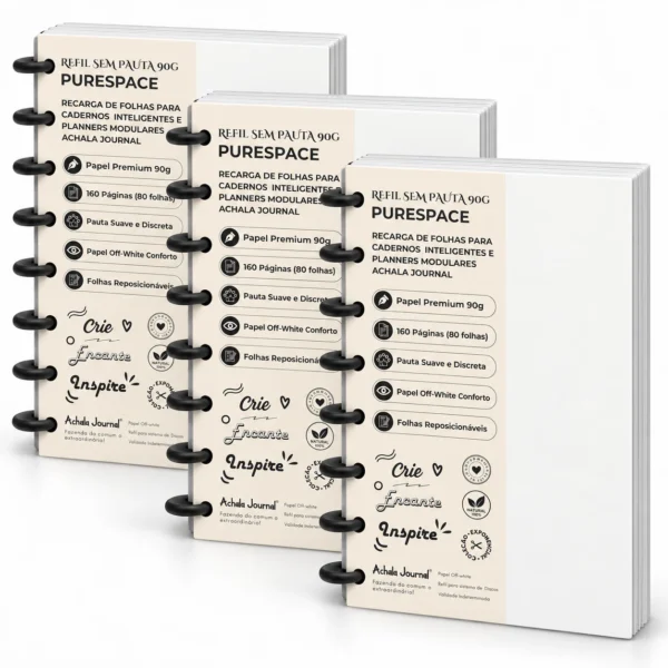 Kit Trio Refil Sem Pauta 90g com 3 blocos e 480 páginas reposicionáveis para caderno inteligente e modular Achala Journal