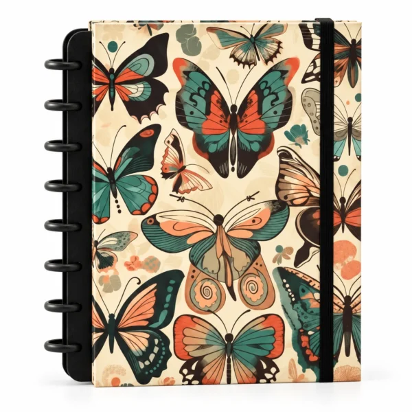 Caderno de disco modular com capa dura estampa botânica vintage de borboletas e flores sobre fundo branco