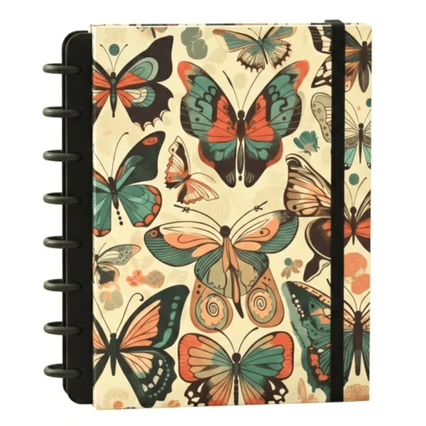 Caderno de disco reposicionável botânico em ângulo perspectiva destacando o brilho e acabamento da capa dura
