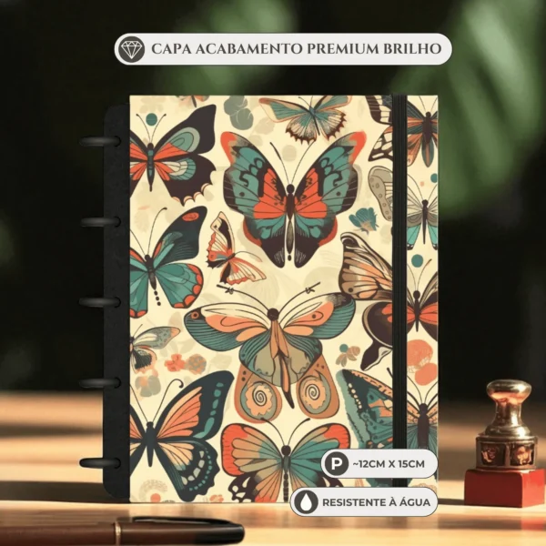 Caderno de disco botânico tamanho pequeno compacto com 6 discos e detalhes florais botânicos