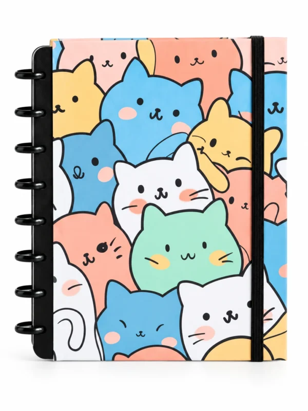 Caderno de disco modular com capa dura estampa fofa de gatinhos coloridos estilo kawaii sobre fundo branco