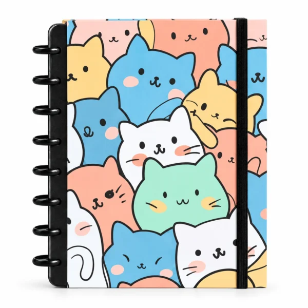 Caderno de disco modular com capa dura estampa fofa de gatinhos coloridos estilo kawaii sobre fundo branco