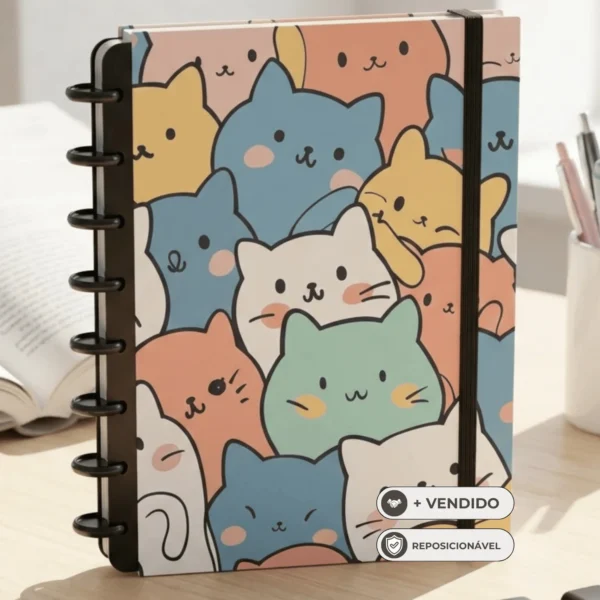 Páginas internas do caderno de disco Cute Cats em papel encorpado 90g com pautas nítidas e conforto visual