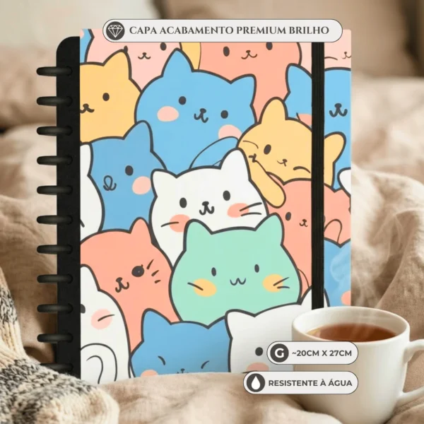 Caderno de disco Cute Cats tamanho grande universitário com 11 discos reposicionáveis e capa dura