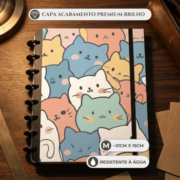 Caderno de disco Cute Cats tamanho médio A5 com 8 discos reposicionáveis e capa dura com estampa de gatinhos