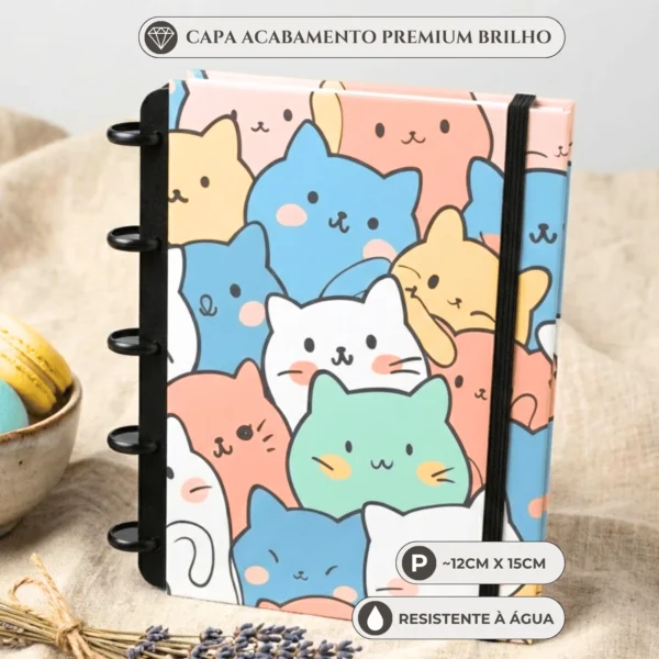 Caderno de disco Cute Cats tamanho pequeno compacto com 6 discos e detalhes fofos