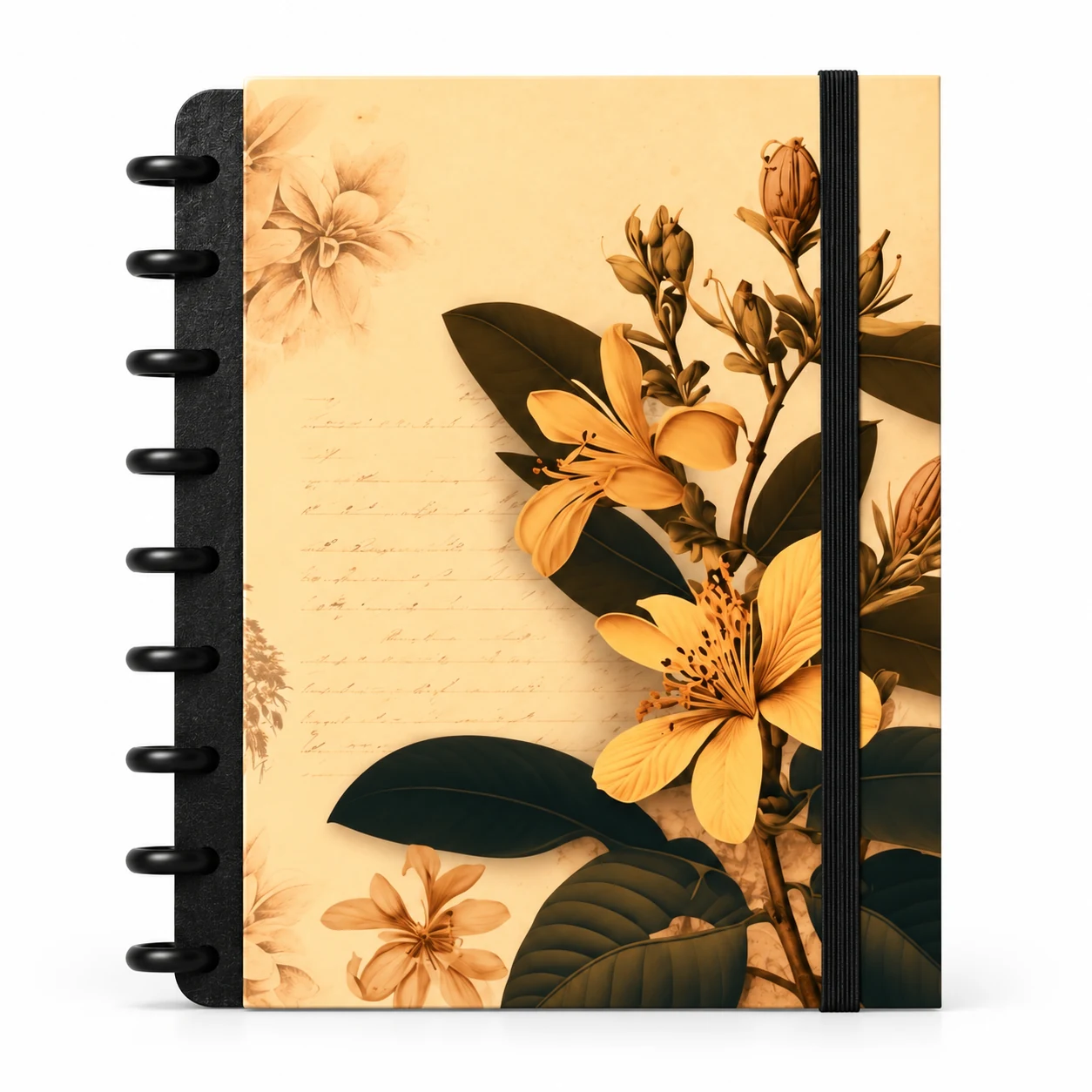 Caderno de disco modular com capa dura estampa floral delicada sobre fundo branco