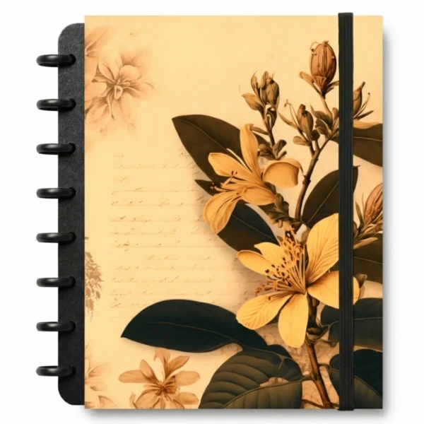 Caderno de disco reposicionável Flores em ângulo perspectiva destacando o brilho e acabamento da capa dura