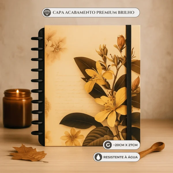 Caderno de disco Flores tamanho grande universitário com 11 discos reposicionáveis e capa dura floral