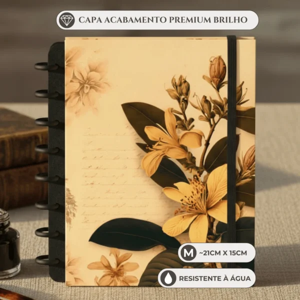 Caderno de disco Flores tamanho médio A5 com 8 discos reposicionáveis e capa dura com estampa floral