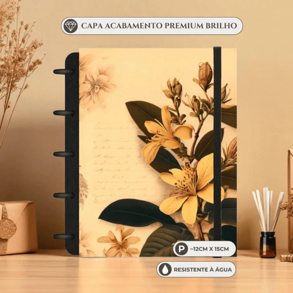 Caderno de disco Flores tamanho pequeno compacto com 6 discos e detalhes florais