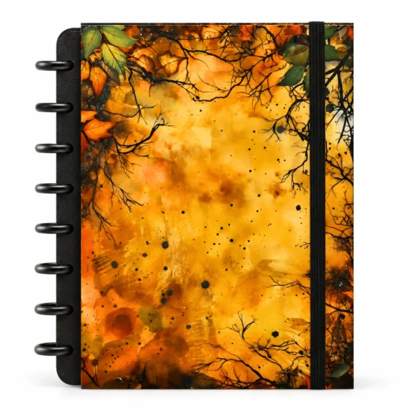 Caderno de disco modular com capa dura estampa botânica de folhas da floresta sobre fundo branco
