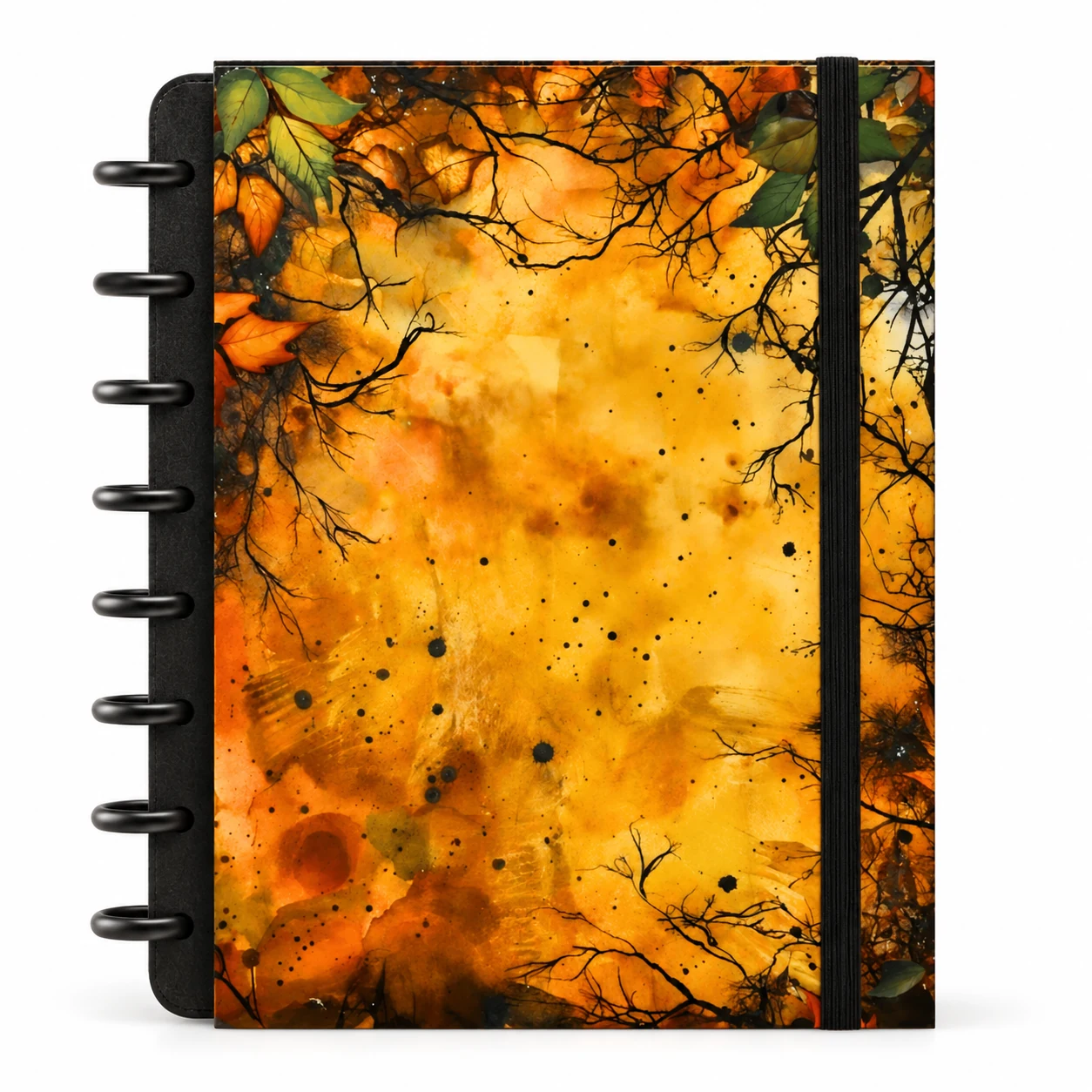 Caderno de disco modular com capa dura estampa botânica de folhas da floresta sobre fundo branco