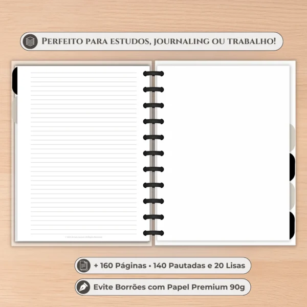 Envelope plástico tipo canguru acoplado ao caderno de disco para guardar adesivos, papéis e recibos